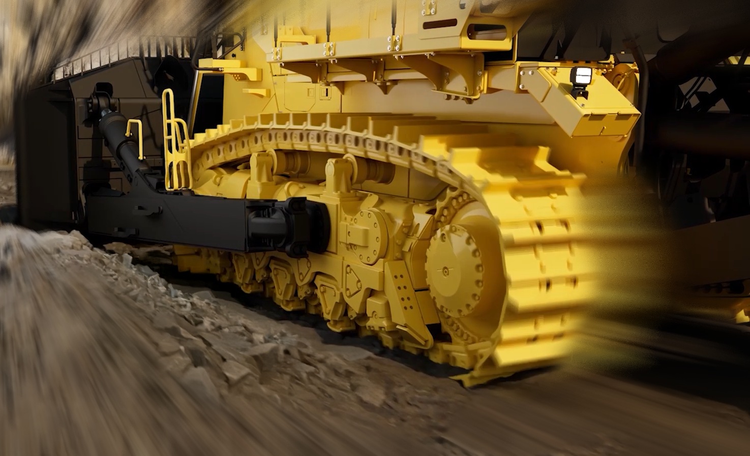 Large open-pit mining site with heavy mining machines, including a rope shovel, hydraulic shovel,  blasting rig, and haul trucks