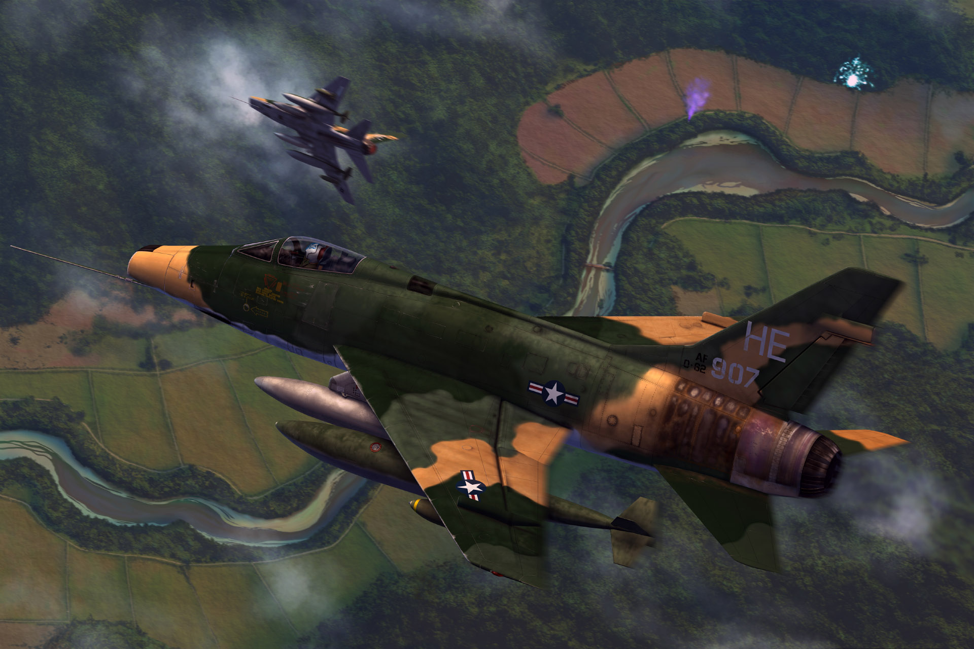 Two jets flying over a winding river and green fields  in Southeast Asia