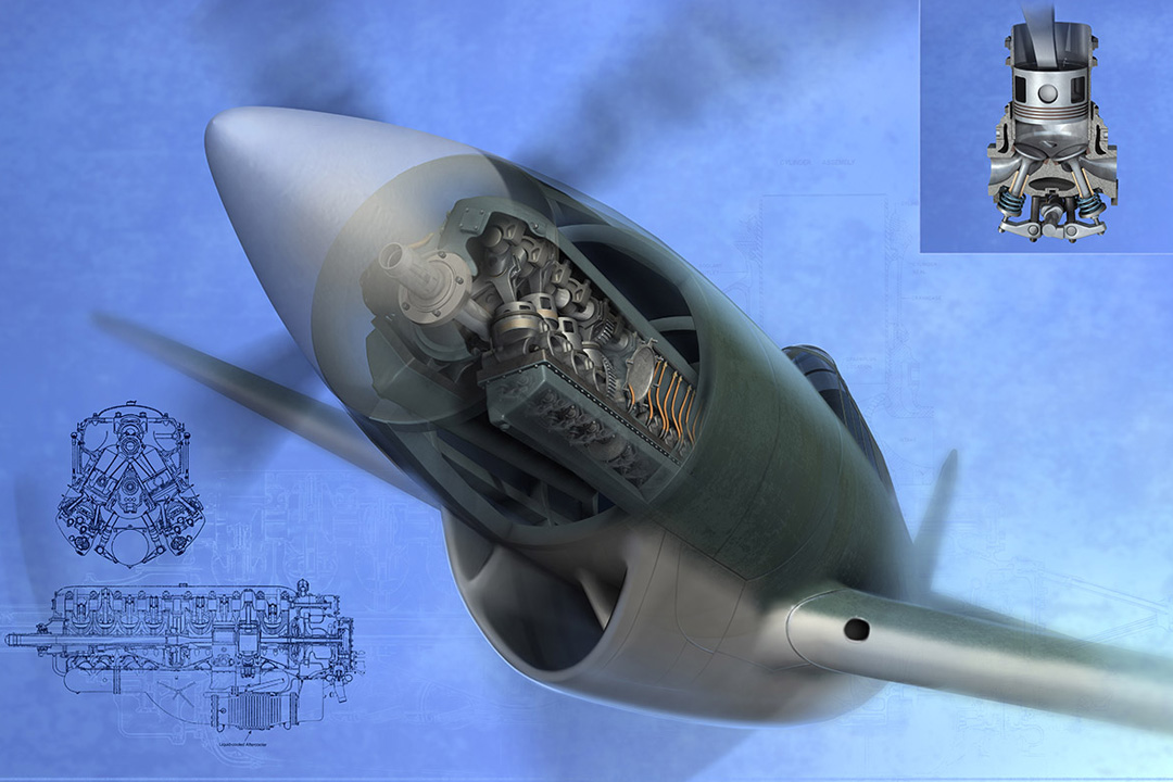 Cutaway illustration of a World War II-era fighter plane showing detailed inline engine and blueprints of engine components.