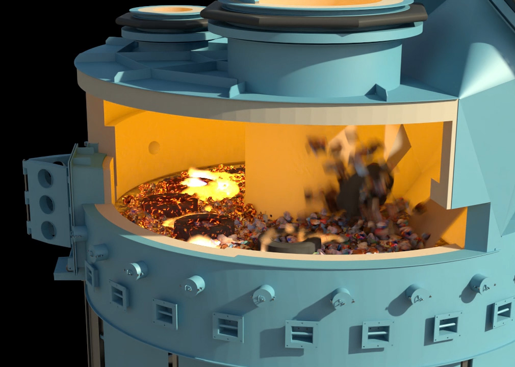 Hot disc furnace cutaway, burning waste materials to supply heat for a cement preheater.
