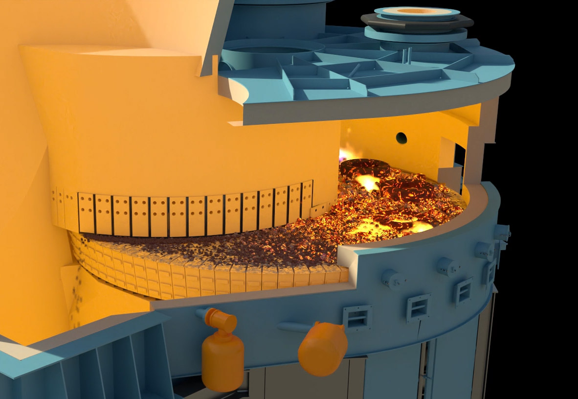 Cutaway 3D rendering of a hot disc furnace with ash dropping off at the end of the burning process.