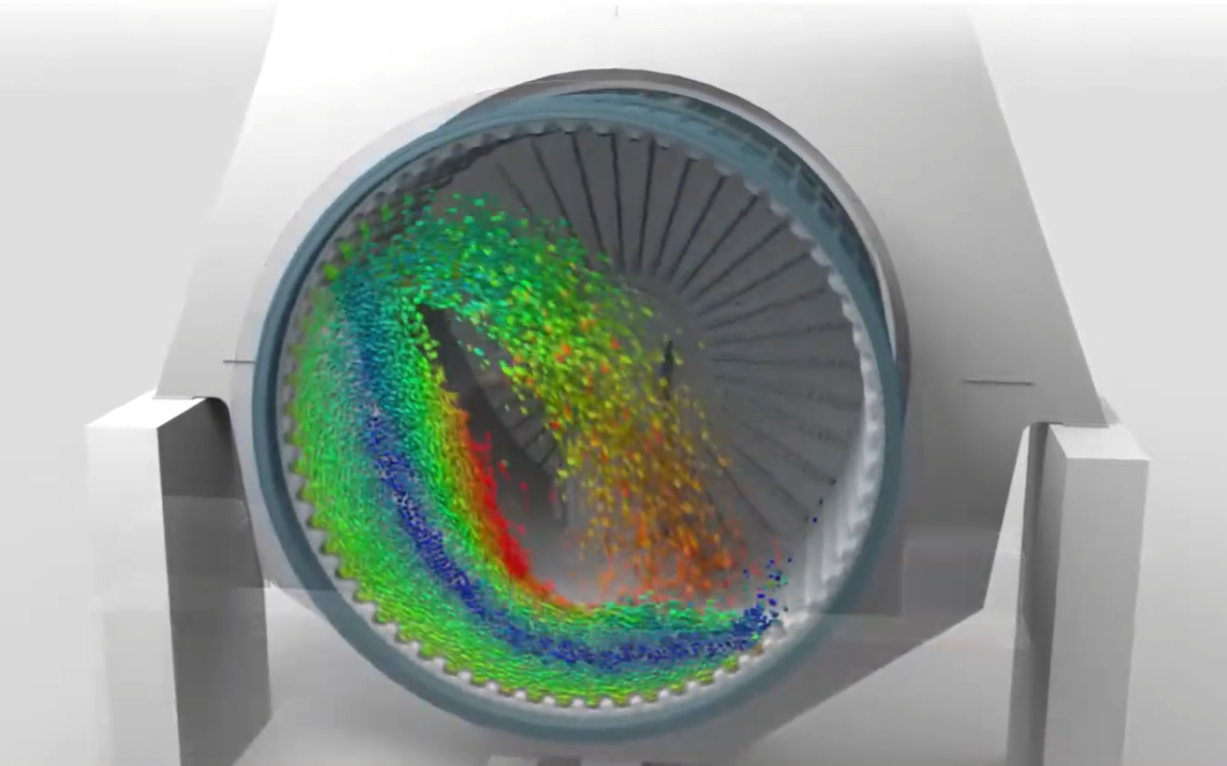 Cutaway grinding mill simulation showing  particle flow and speed.