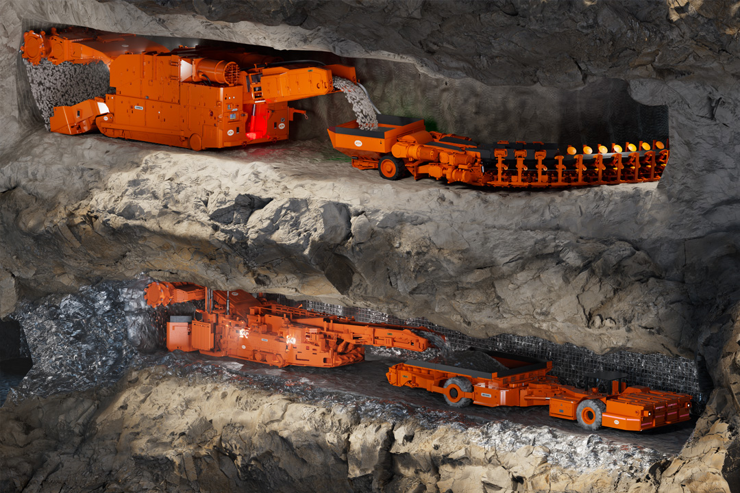 Two levels of underground mining operations with continuous mining machinery and material handling equipment